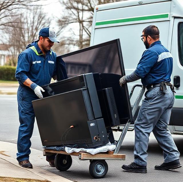 Old electronics removal: technicians load an old TV and small electronics on a dolly for eco‑friendly recycling beside a delivery van.