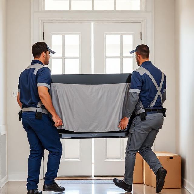 Technicians carrying a large flat‑screen TV through a modern home entry with protective blankets, corner protectors, and straps; empty TV box nearby.