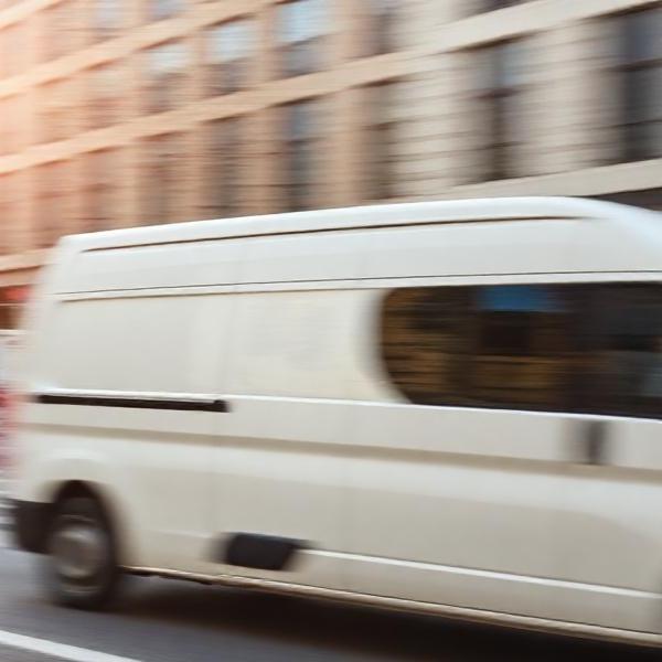 Modern delivery van in motion with subtle motion blur showing speed and punctuality.
