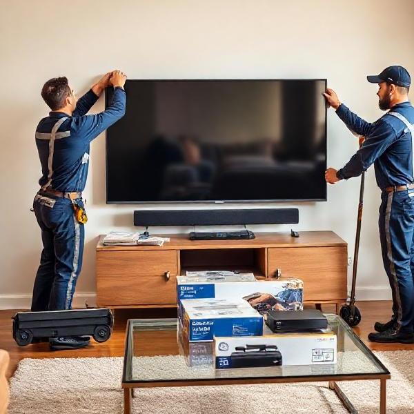 Brown goods setup: technician aligns a 65‑inch TV on a stand while another unboxes a soundbar; console box on the coffee table.