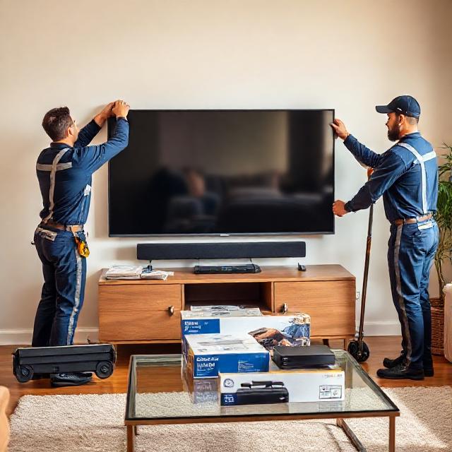 Technicians positioning a large TV on a stand while unboxing a soundbar; gaming console box nearby; protective blankets, dolly, and straps visible.