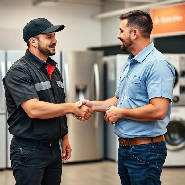 Handshake between delivery manager and electronics store manager in a showroom.
